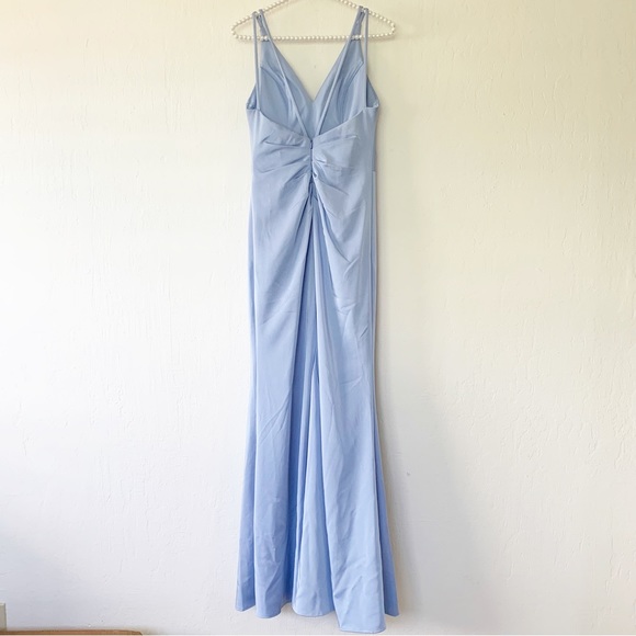 Faviana V-Neck Ruched Open-Back Floor Length Dress - Picture 7 of 11